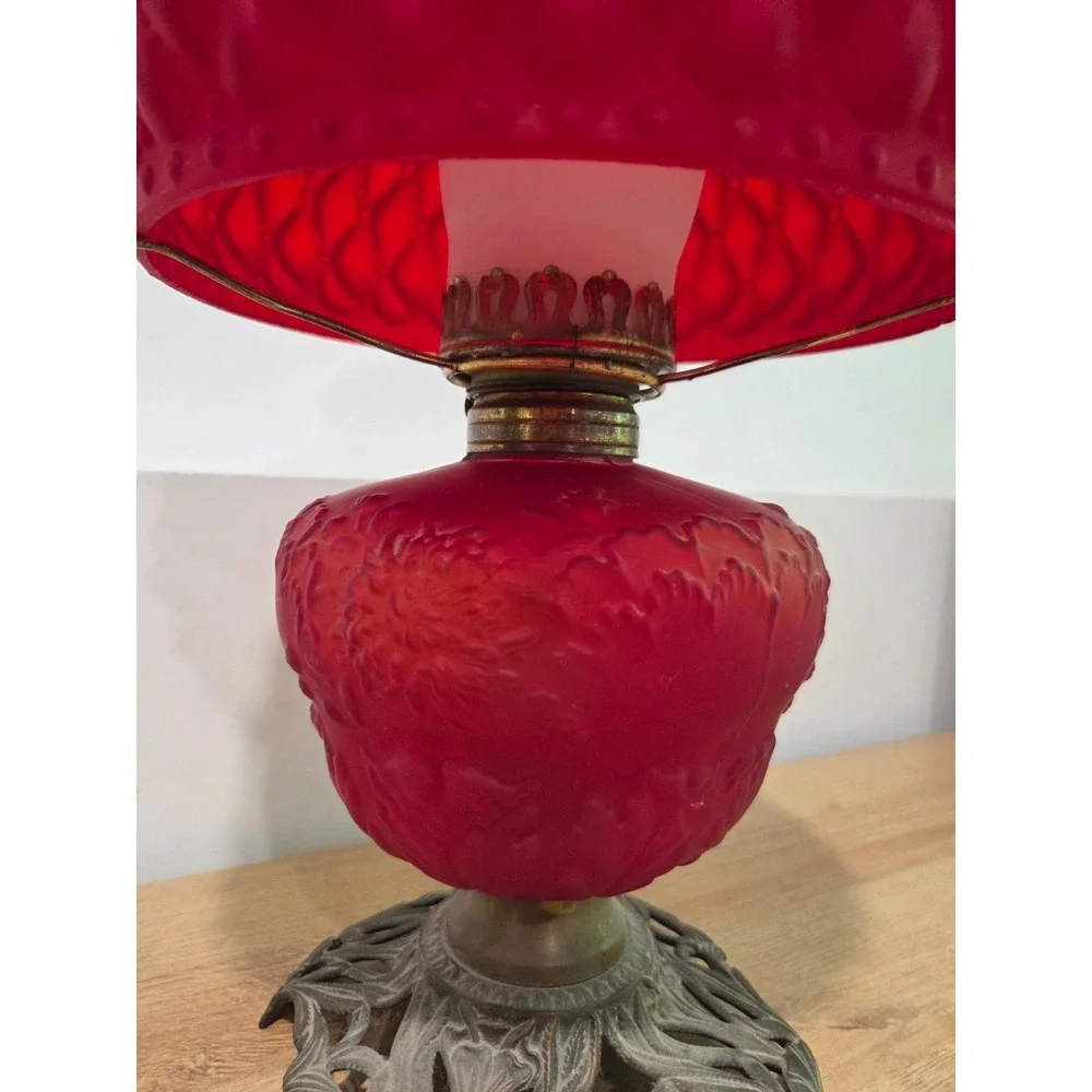 Antique Red Satin Quilted Glass Aladdin Style Oil Lamp Brass Base 20''